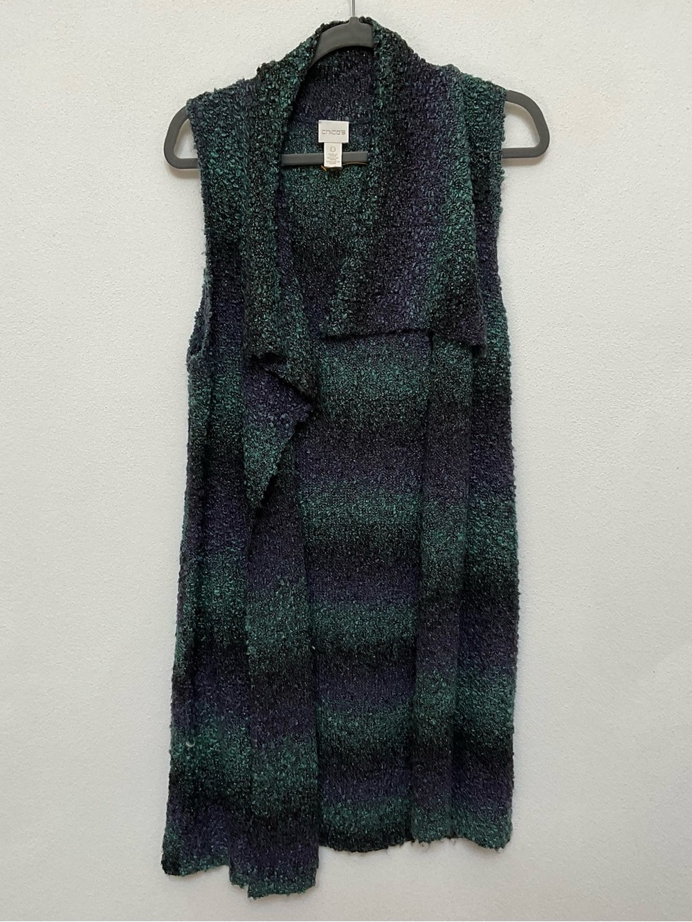 Chico's Green, Purple Striped Knit Sleeveless Duster Cardigan Size 0 US S/4